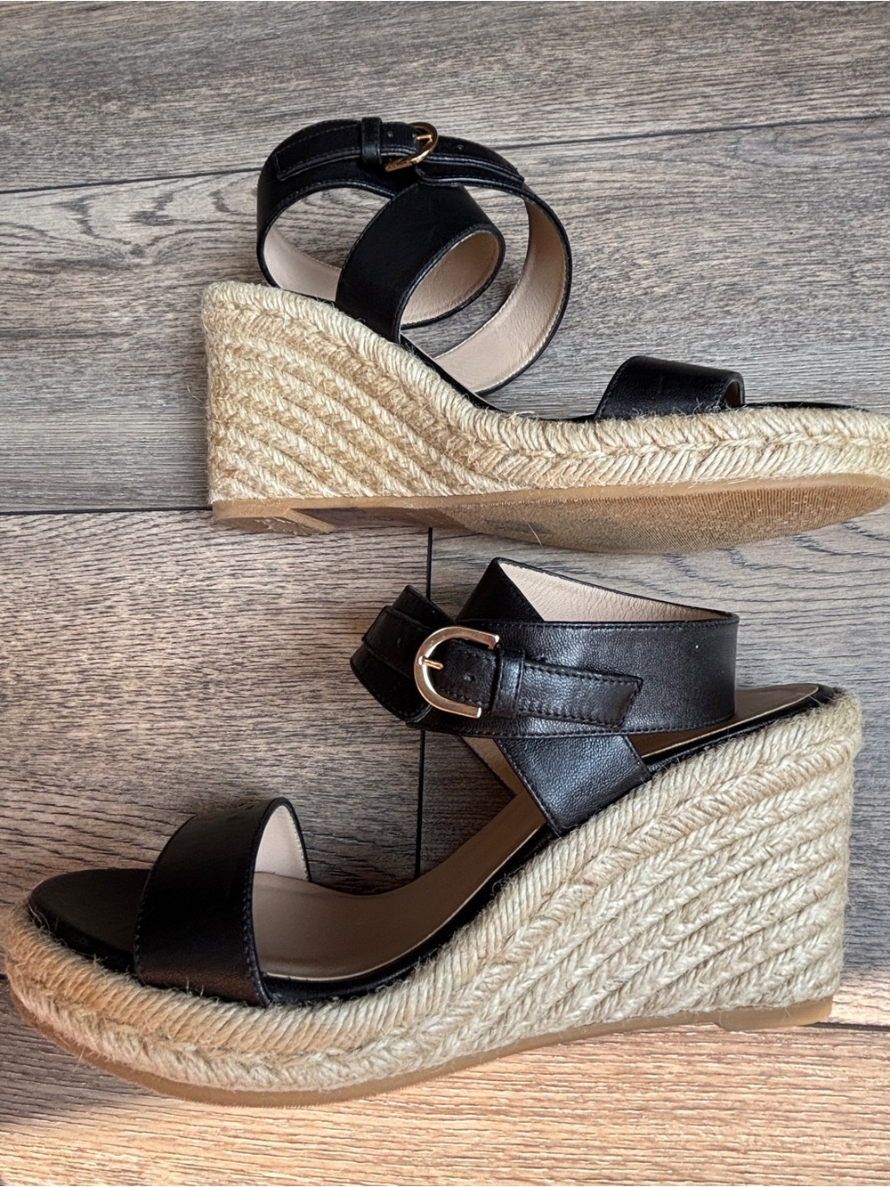Stuart Weitzman Lexia Espadrille Leather Ankle Strap Black Wedge Sandal Sz 8 - Picture 10 of 16